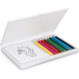 A colouring set with a translucent white case, containing various coloured pencils and an illustrated colouring pad.