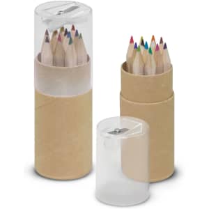 A set of coloured pencils in a clear tube and a cardboard holder, with various vibrant pencil tips visible.