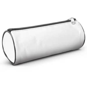 A pencil case with a cylindrical shape, featuring a white exterior and a black zipper.