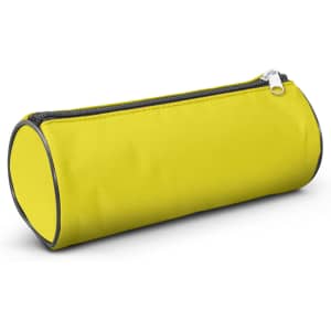 A bright yellow pencil case with a cylindrical design and a zippered closure.