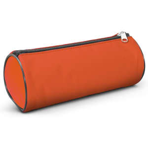 An orange cylindrical pencil case with a zippered closure, designed for office and business use.