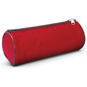 A red cylindrical pencil case with a zipper and a subtle logo on the side.