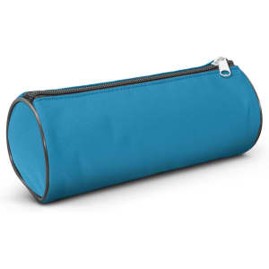 A blue cylindrical pencil case with a zip closure.