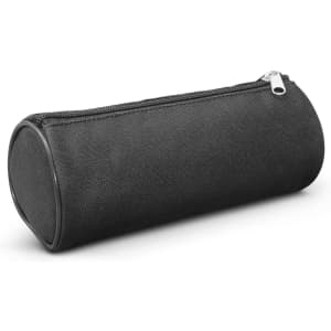 A cylindrical black pencil case with a textured exterior and a zippered closure.
