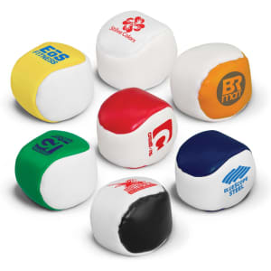 A collection of eight hacky sacks in various colours including red, blue, green, black, and white, featuring logos.