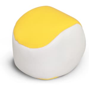 A round hacky sack in white and yellow, featuring a smooth, textured surface and a logo on it.