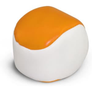 A hacky sack in orange and white, featuring a smooth, rounded shape and a no-slip texture. It has a logo.