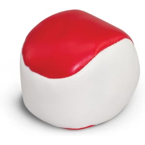 A red and white hacky sack with a smooth surface and rounded shape. It has a simple design and a logo.