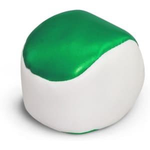 A hacky sack in green and white, featuring a smooth, rounded shape. The product has a simple design and a branded logo.