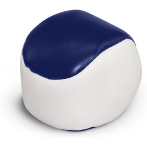 A blue and white hacky sack, round and soft, with a smooth surface and a glossy finish.