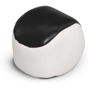 A hacky sack in black and white, featuring a smooth rounded design with a slight sheen.
