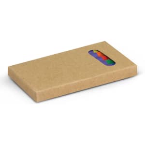A crayon set in a brown cardboard box, featuring multiple colours visible through a transparent window.