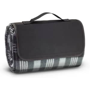 A Colorado Picnic Blanket, rolled up and secured with a black handle, showcasing a plaid pattern in gray and white.