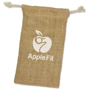 A small, natural jute gift bag with a drawstring closure and a logo on the front.