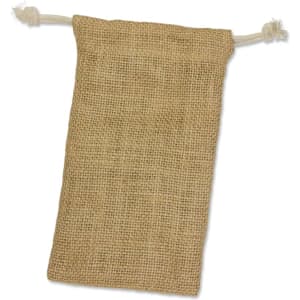 A small jute gift bag with a drawstring closure, made from natural burlap material.