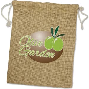 A medium jute gift bag in a natural beige colour featuring an olive-themed logo and drawstring closure.