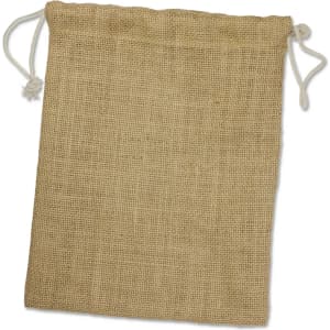 A medium jute gift bag with drawstring closure, featuring a natural woven texture in a tan color.