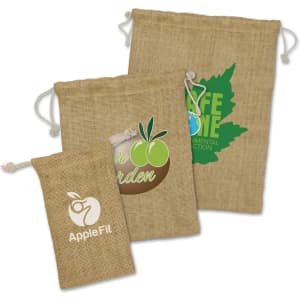A medium-sized jute gift bag in natural brown, featuring drawstring closures and various printed designs.