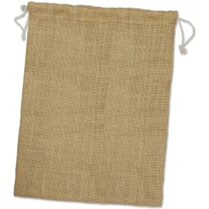 A large jute gift bag with a drawstring closure, featuring a natural burlap texture.