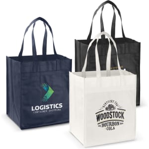 Three Mega Shopper Tote Bags in navy, black, and white, each featuring different designs and a logo.