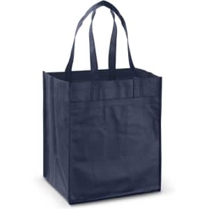 A dark navy tote bag with two sturdy handles, featuring a plain design and a branding logo.