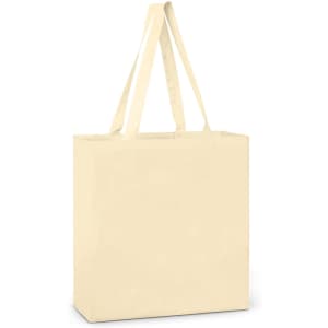 A beige cotton shoulder tote bag with long handles and a simple design, featuring a logo on one side.