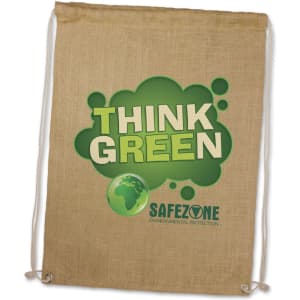 A natural jute drawstring backpack featuring a green logo and a slogan promoting environmental protection.