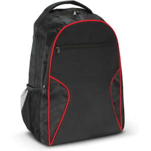 A black laptop backpack with red accents and a mesh side pocket. Features a main zip compartment and a logo.