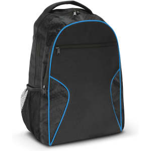 A black laptop backpack with blue accents and a mesh side pocket, featuring a front zippered compartment and a logo.