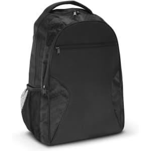 A black Artemis Laptop Backpack featuring a sleek design with hexagonal patterned accents and a side mesh pocket.