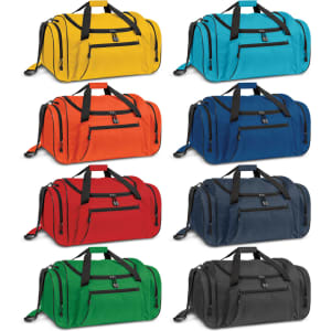 Eight duffle bags in various colours: yellow, blue, orange, red, navy, green, black, and grey, each with a logo.