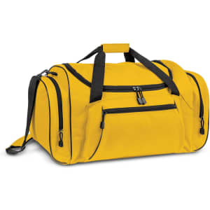 A yellow duffle bag with black accents, featuring multiple zippered pockets and a shoulder strap.
