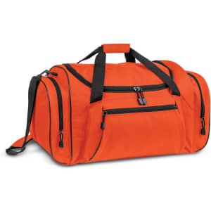 An orange duffle bag with multiple zipped pockets and black accents, featuring both handles and a shoulder strap.