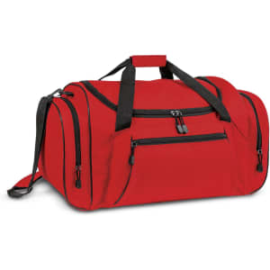 A red duffle bag with black accents, featuring multiple zippered pockets and a detachable shoulder strap.