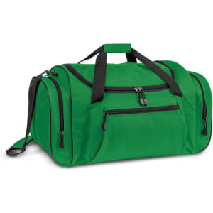 A green duffle bag with black zippers and straps, featuring multiple compartments and a shoulder strap.