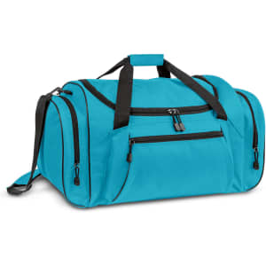 A teal duffle bag with multiple compartments, featuring black accents and a removable shoulder strap.