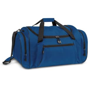 A blue duffle bag featuring multiple zippered pockets and a shoulder strap, with a logo on the side.