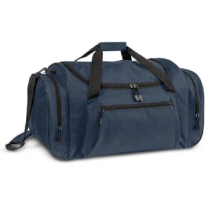 A navy duffle bag with multiple zippered pockets and a detachable shoulder strap, featuring a logo.
