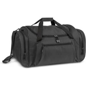 A black duffle bag with multiple pockets and a shoulder strap, featuring handles and a logo.