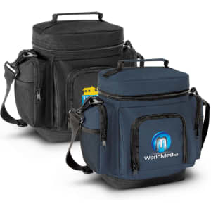 A cooler bag in navy and black with adjustable straps and side pockets, featuring a logo on the front.