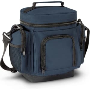A navy blue cooler bag with multiple pockets and a top handle for easy carrying. It features a removable shoulder strap and a logo.