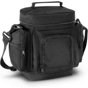 A black cooler bag with multiple zippered pockets and a carry handle, featuring a shoulder strap and a textured finish.