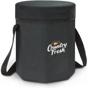 A black Igloo cooler seat with a round lid and a shoulder strap, featuring a logo on the front.