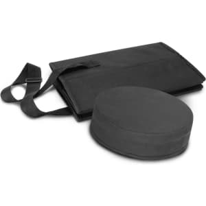 A black Igloo Cooler Seat with a round cushion and a flat carrying pouch, featuring a shoulder strap.