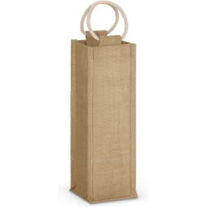 A jute wine carrier in natural brown featuring a rope handle and a tall, rectangular design.
