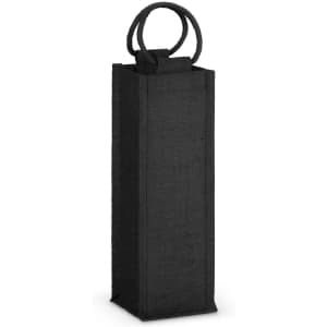 A jute wine carrier featuring a tall, rectangular design with two loop handles, presented in a sleek black color.