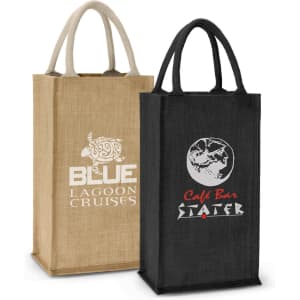 A jute double wine carrier featuring one tan bag and one black bag, each with a logo.