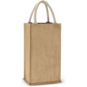 A jute double wine carrier with two compartments and sturdy handles for easy transport.