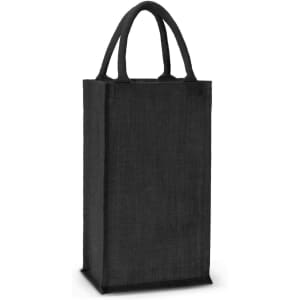 A black jute double wine carrier with two handles, suitable for transporting wine bottles.