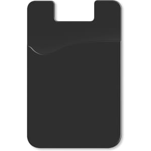 A sleek black phone wallet featuring a curved design and a branding logo. Ideal for holding cards.